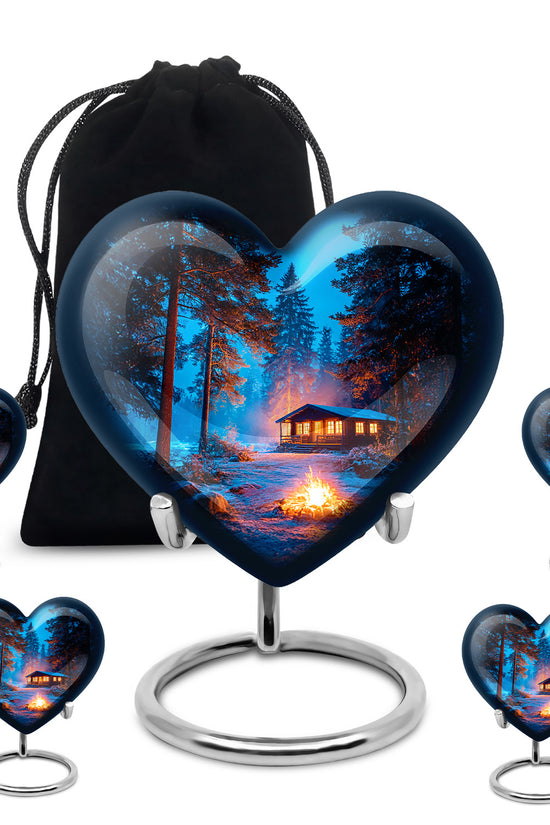 Cobalt Blue Campfire Cremation Urn close-up of engraving and surface detail - romantic heart urn with campfire motif on aluminum - memorial set with one large and four small urns