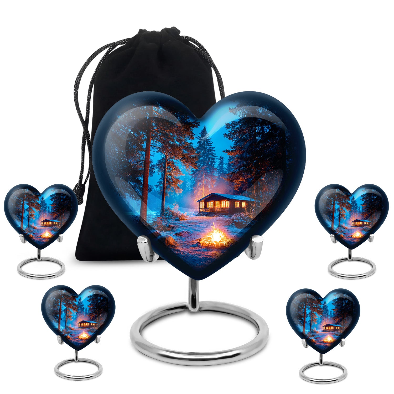 Cobalt Blue Campfire Cremation Urn close-up of engraving and surface detail - romantic heart urn with campfire motif on aluminum - memorial set with one large and four small urns