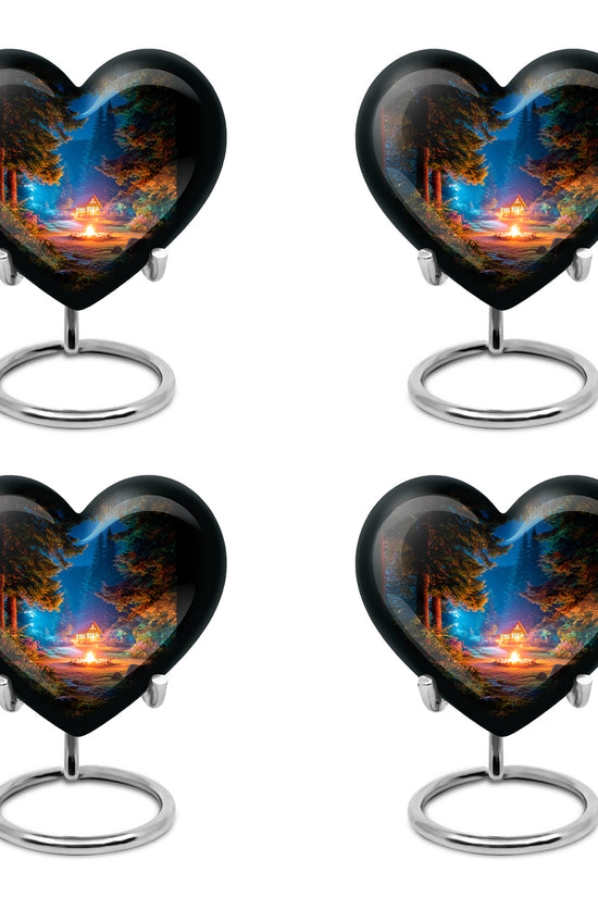 Charcoal Black Campfire Cremation Urn angled view of lid and engraved motif - romantic heart urn with campfire motif on aluminum - 10 inch aluminum urn for cremated remains
