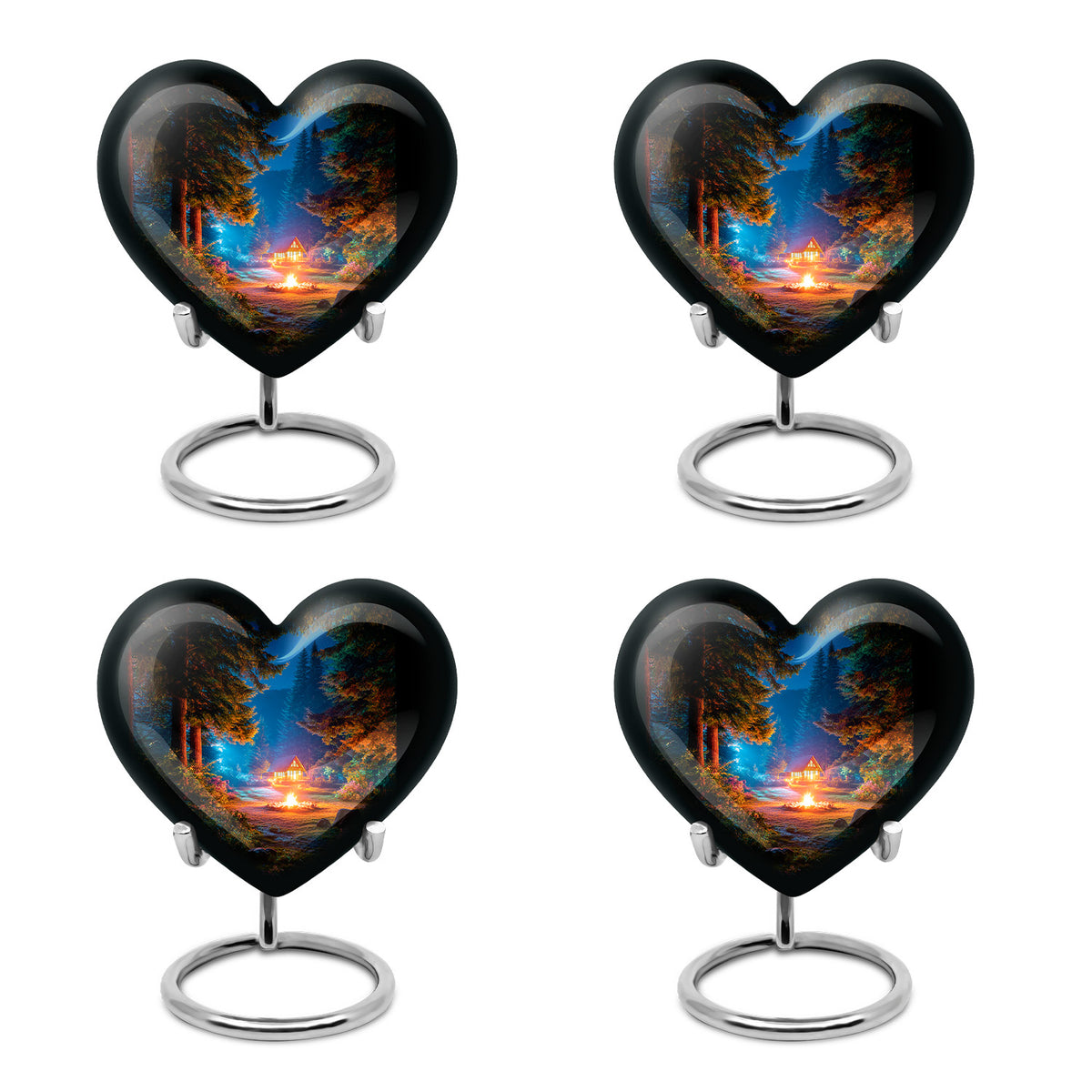 Charcoal Black Campfire Cremation Urn angled view of lid and engraved motif - romantic heart urn with campfire motif on aluminum - 10 inch aluminum urn for cremated remains