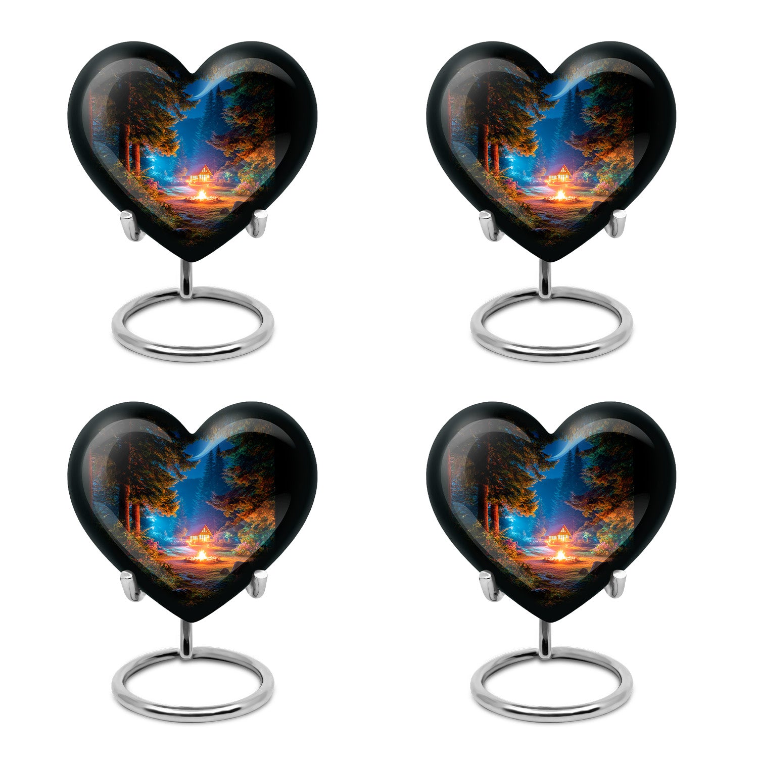 Charcoal Black Campfire Cremation Urn angled view of lid and engraved motif - romantic heart urn with campfire motif on aluminum - 10 inch aluminum urn for cremated remains