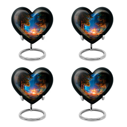Charcoal Black Campfire Cremation Urn angled view of lid and engraved motif - romantic heart urn with campfire motif on aluminum - 10 inch aluminum urn for cremated remains