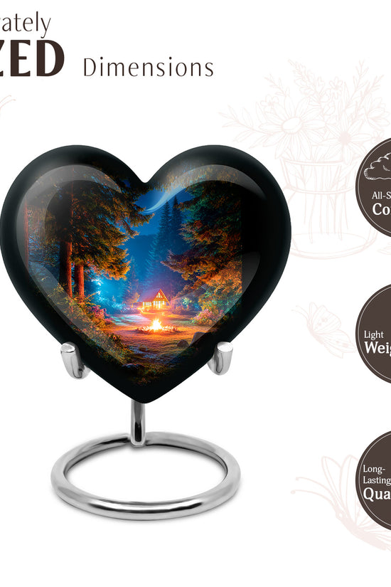 Rich Black Campfire Cremation Urn front view showing detailed design - loving heart memorial featuring campfire pattern - mini keepsake memorial for portion of cremation ashes