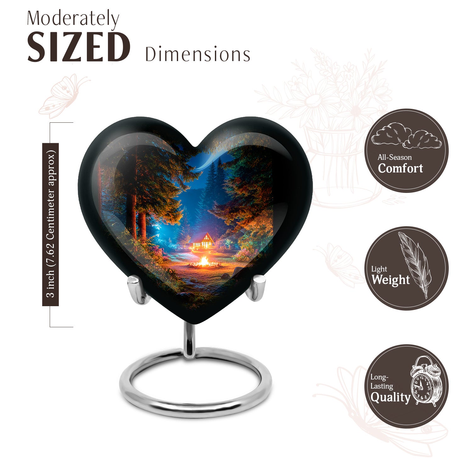Rich Black Campfire Cremation Urn front view showing detailed design - loving heart memorial featuring campfire pattern - mini keepsake memorial for portion of cremation ashes