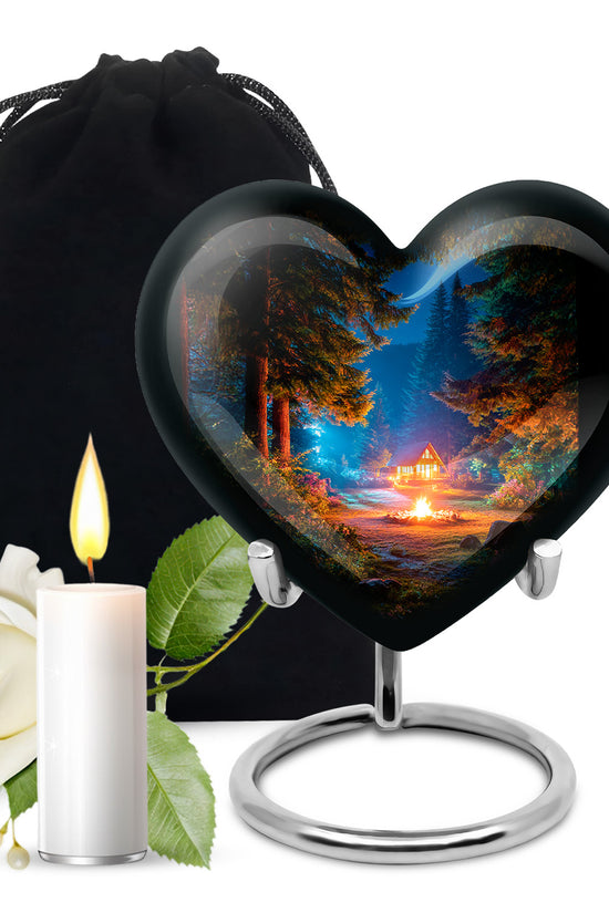 Rich Black Campfire Cremation Urn detail view - heart-shaped campfire design symbolizing eternal love - full-size 10 inch 200 cubic inch adult cremation urn