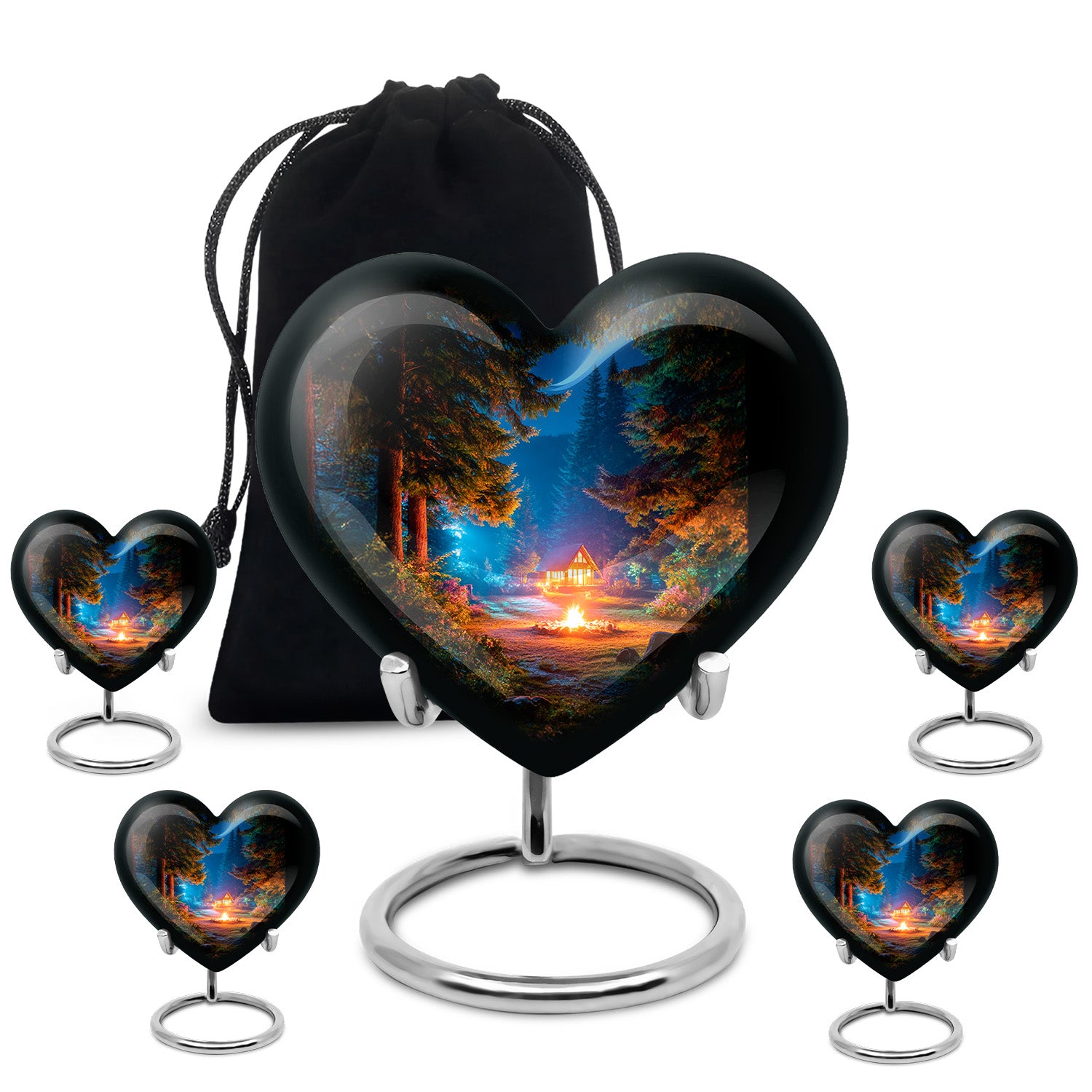 Rich Black Campfire Cremation Urn close-up of engraving and surface detail - heart-shaped campfire design symbolizing eternal love - memorial set with one large and four small urns
