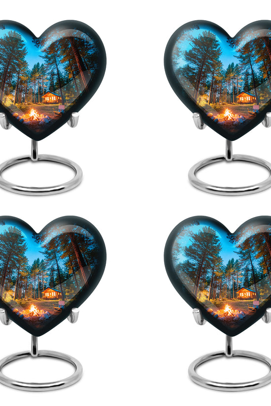 Pastel Blue Campfire Cremation Urn angled view of lid and engraved motif - loving heart memorial featuring campfire pattern - 10 inch aluminum urn for cremated remains