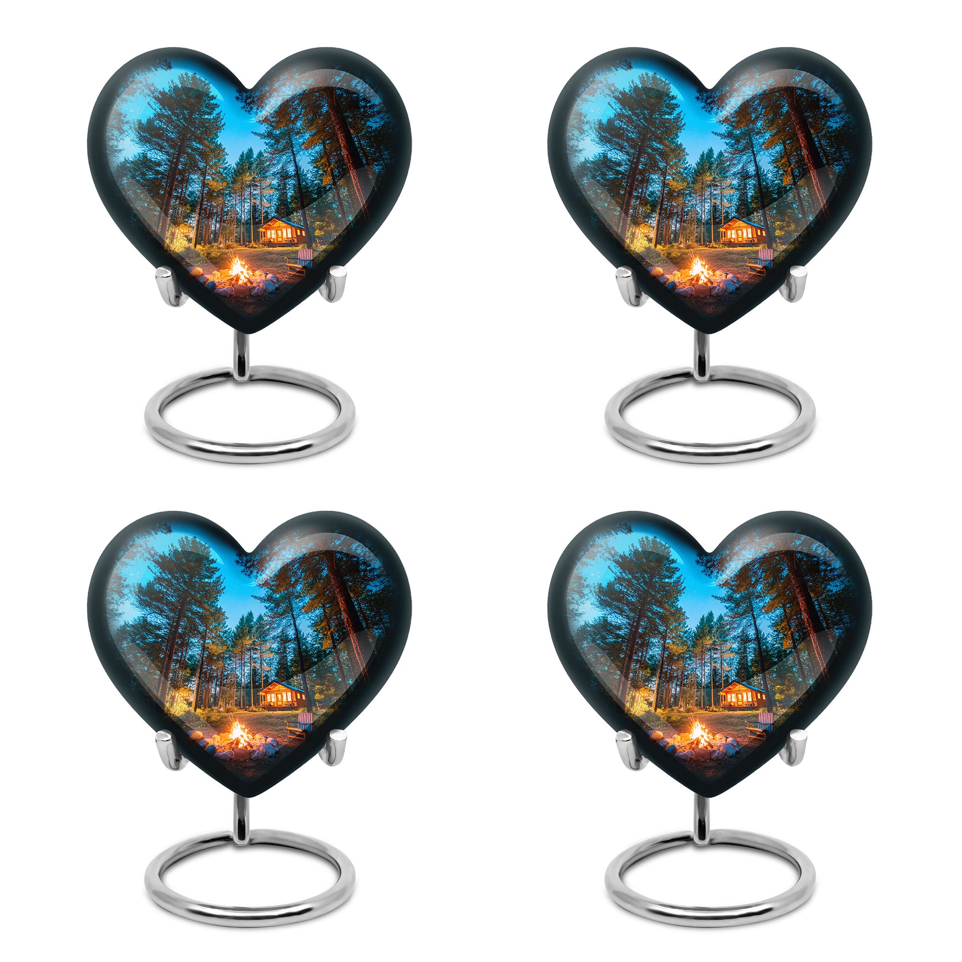 Pastel Blue Campfire Cremation Urn angled view of lid and engraved motif - loving heart memorial featuring campfire pattern - 10 inch aluminum urn for cremated remains