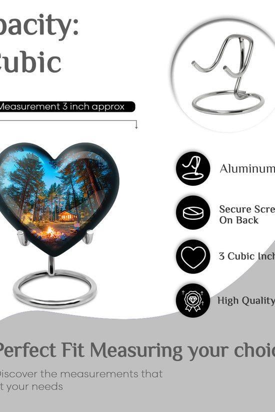Cobalt Blue Campfire Cremation Urn front view showing detailed design - romantic heart urn with campfire motif on aluminum - mini keepsake memorial for portion of cremation ashes