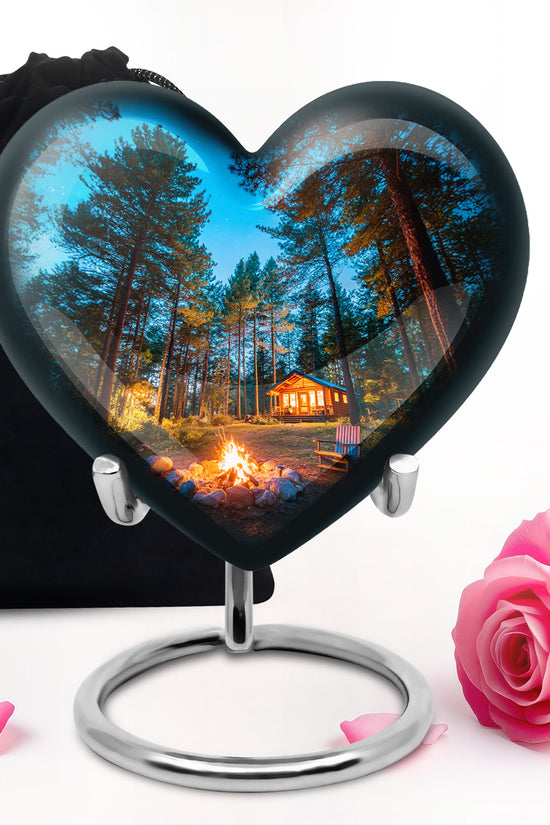 Vivid Blue Campfire Cremation Urn detail view - romantic heart urn with campfire motif on aluminum - full-size 10 inch 200 cubic inch adult cremation urn
