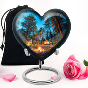 Vivid Blue Campfire Cremation Urn detail view - romantic heart urn with campfire motif on aluminum - full-size 10 inch 200 cubic inch adult cremation urn