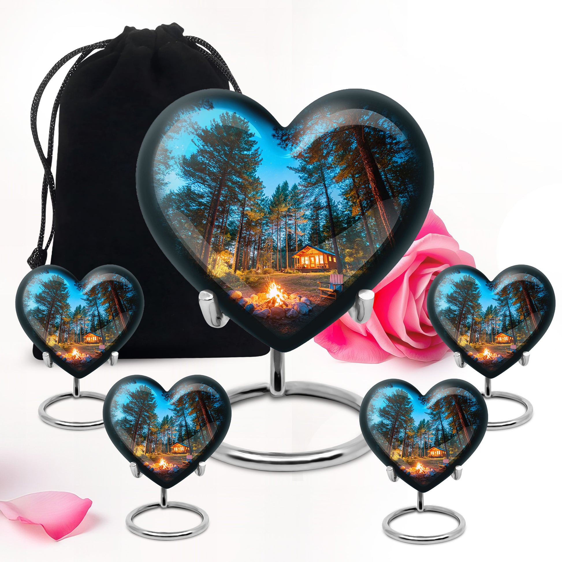 Sapphire Blue Campfire Cremation Urn close-up of engraving and surface detail - romantic heart urn with campfire motif on aluminum - memorial set with one large and four small urns
