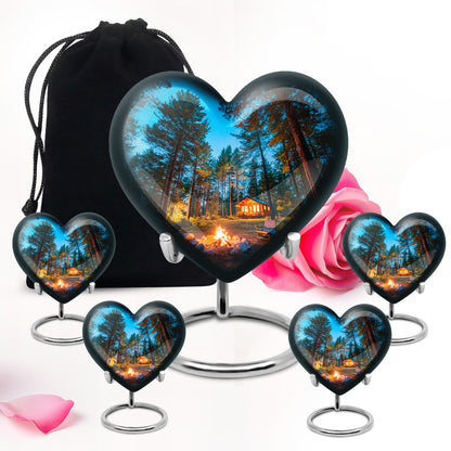 Sapphire Blue Campfire Cremation Urn close-up of engraving and surface detail - romantic heart urn with campfire motif on aluminum - memorial set with one large and four small urns