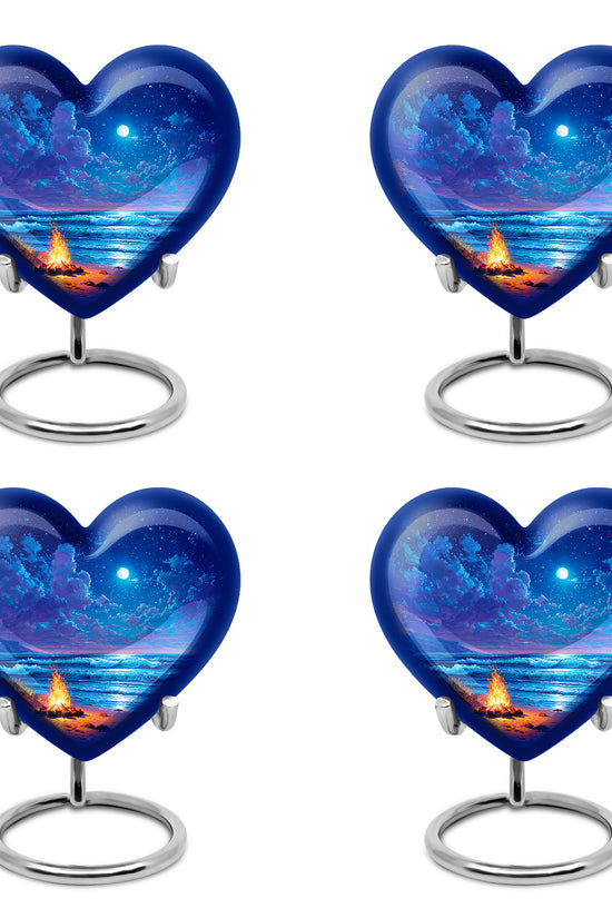 Serene Blue Campfire Cremation Urn angled view of lid and engraved motif - compassionate heart-campfire combination with gentle curves - 10 inch aluminum urn for cremated remains