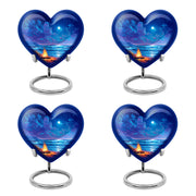 Serene Blue Campfire Cremation Urn angled view of lid and engraved motif - compassionate heart-campfire combination with gentle curves - 10 inch aluminum urn for cremated remains