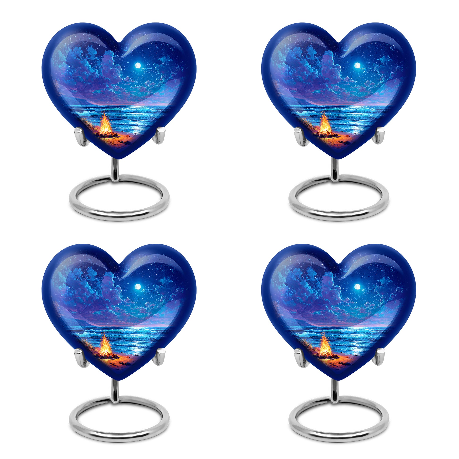 Serene Blue Campfire Cremation Urn angled view of lid and engraved motif - compassionate heart-campfire combination with gentle curves - 10 inch aluminum urn for cremated remains
