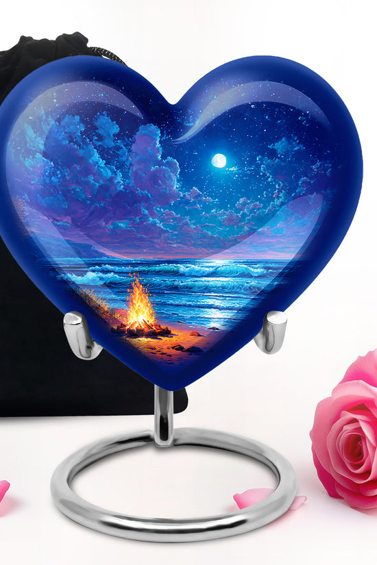 Indigo Campfire Cremation Urn detail view - loving heart memorial featuring campfire pattern - full-size 10 inch 200 cubic inch adult cremation urn