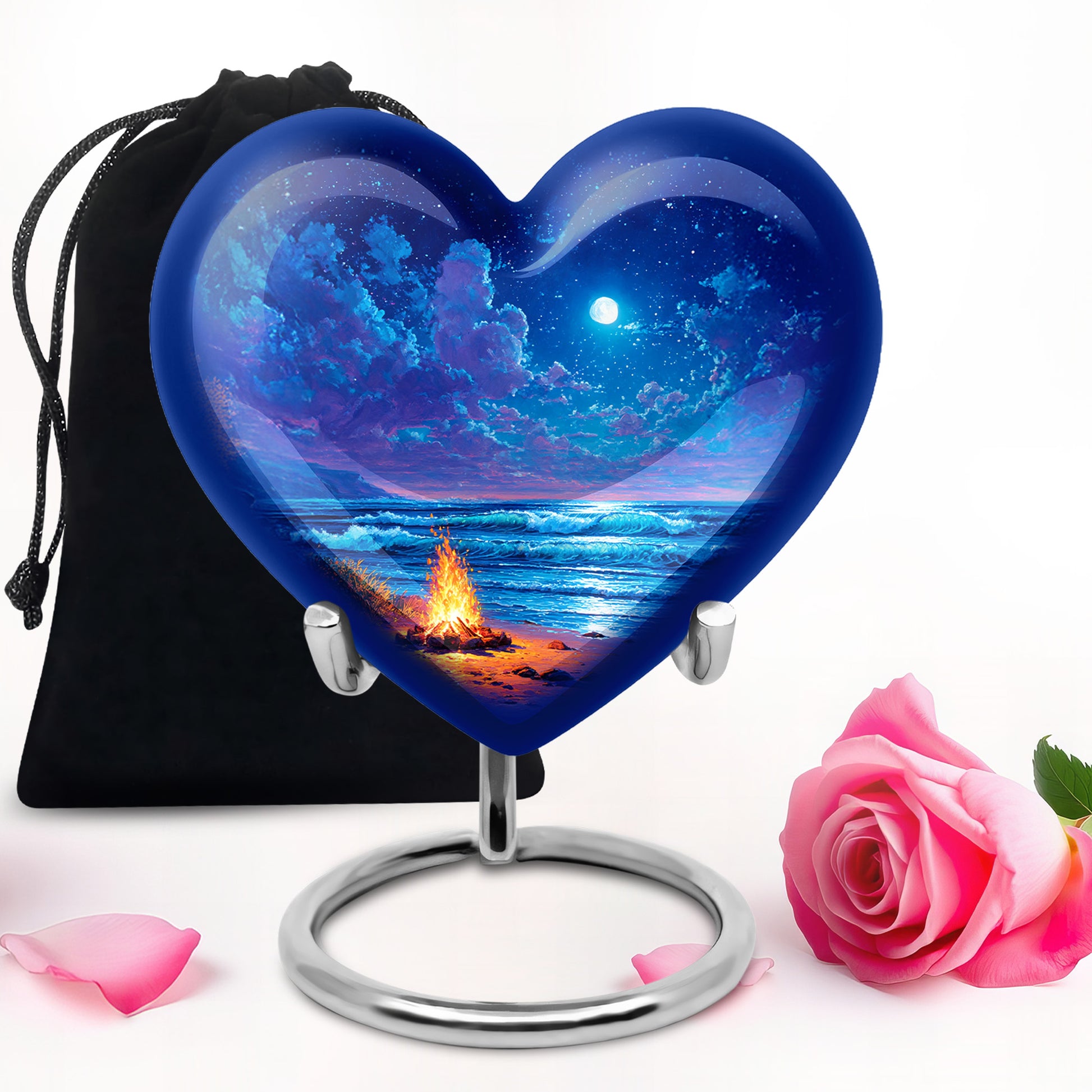 Indigo Campfire Cremation Urn detail view - loving heart memorial featuring campfire pattern - full-size 10 inch 200 cubic inch adult cremation urn
