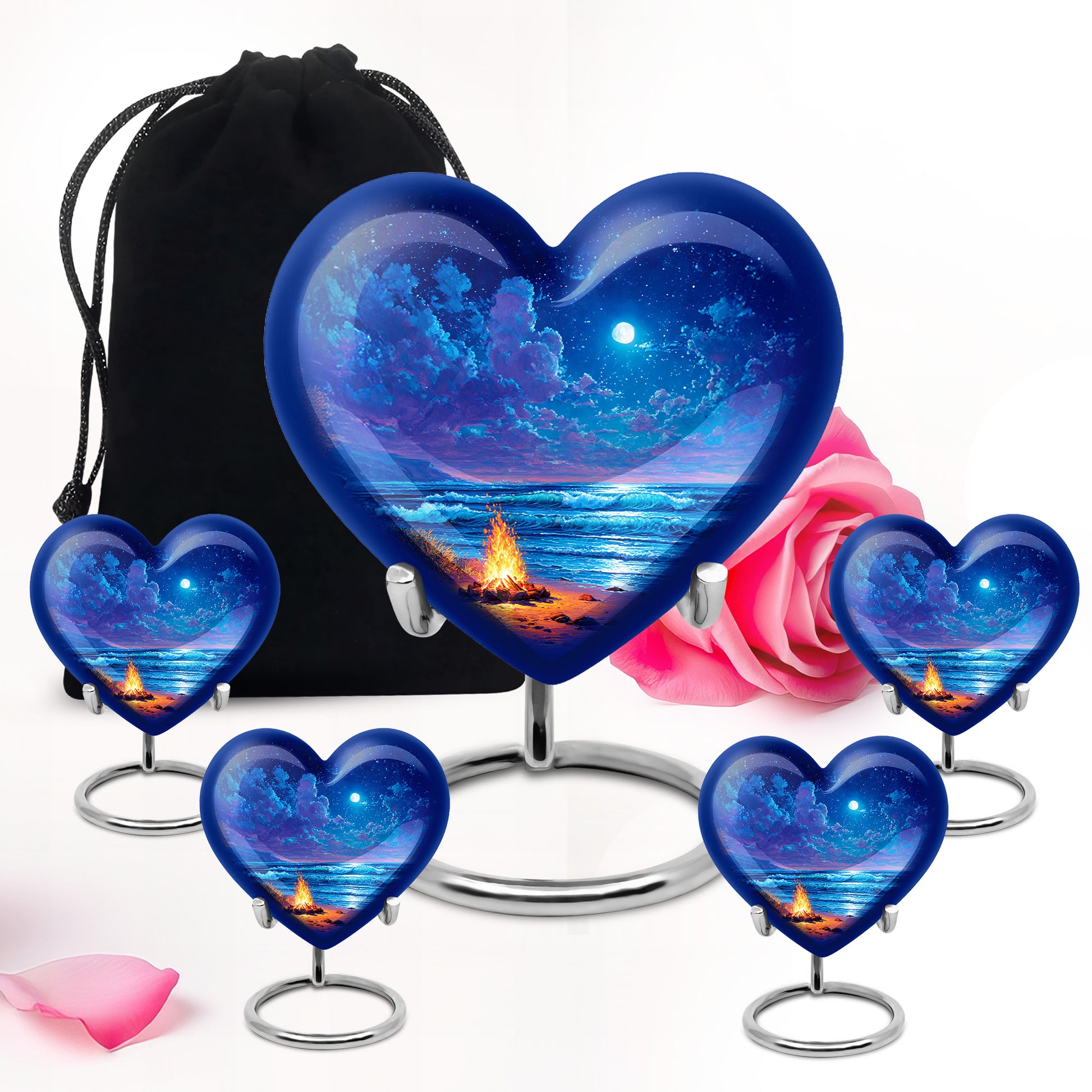 Pastel Blue Campfire Cremation Urn close-up of engraving and surface detail - heart-shaped campfire design symbolizing eternal love - memorial set with one large and four small urns