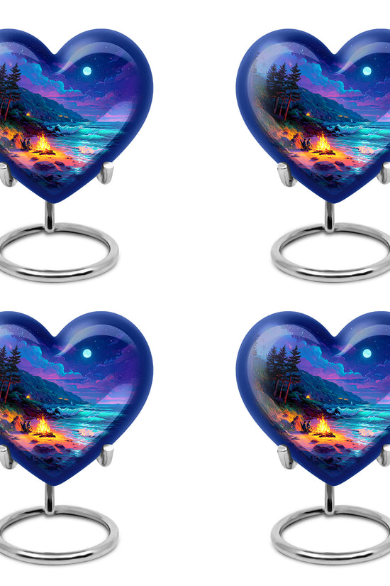Misty Blue Campfire Cremation Urn angled view of lid and engraved motif - loving heart memorial featuring campfire pattern - 10 inch aluminum urn for cremated remains