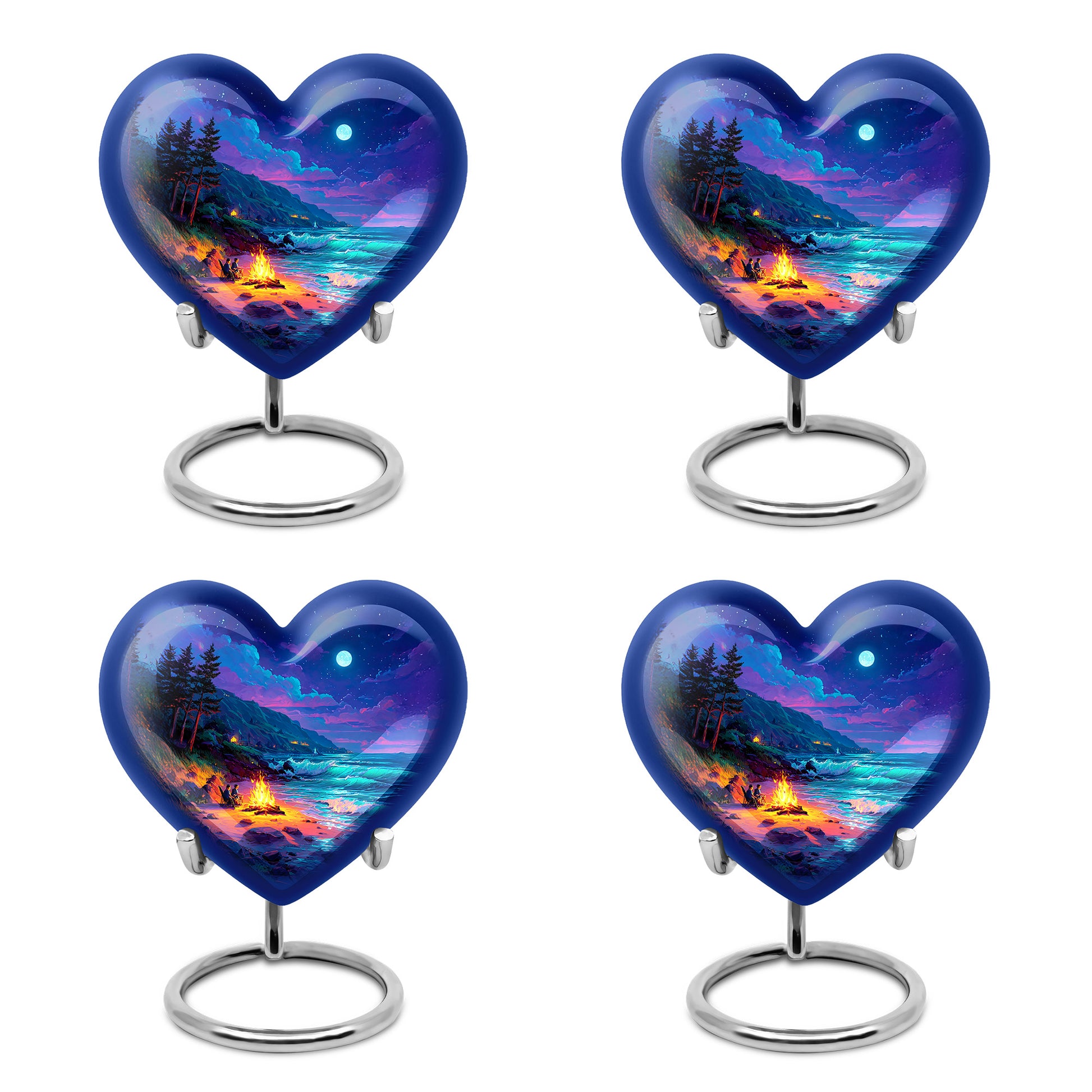 Misty Blue Campfire Cremation Urn angled view of lid and engraved motif - loving heart memorial featuring campfire pattern - 10 inch aluminum urn for cremated remains