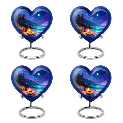 Misty Blue Campfire Cremation Urn angled view of lid and engraved motif - loving heart memorial featuring campfire pattern - 10 inch aluminum urn for cremated remains