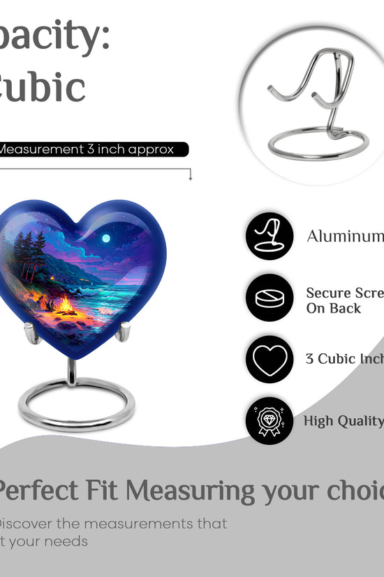Royal Blue Campfire Cremation Urn front view showing detailed design - romantic heart urn with campfire motif on aluminum - mini keepsake memorial for portion of cremation ashes