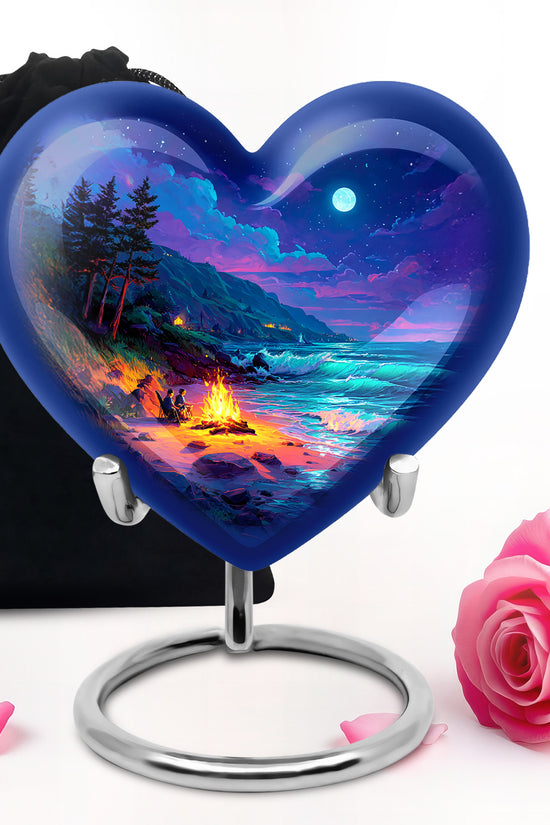 Calming Blue Campfire Cremation Urn detail view - romantic heart urn with campfire motif on aluminum - full-size 10 inch 200 cubic inch adult cremation urn