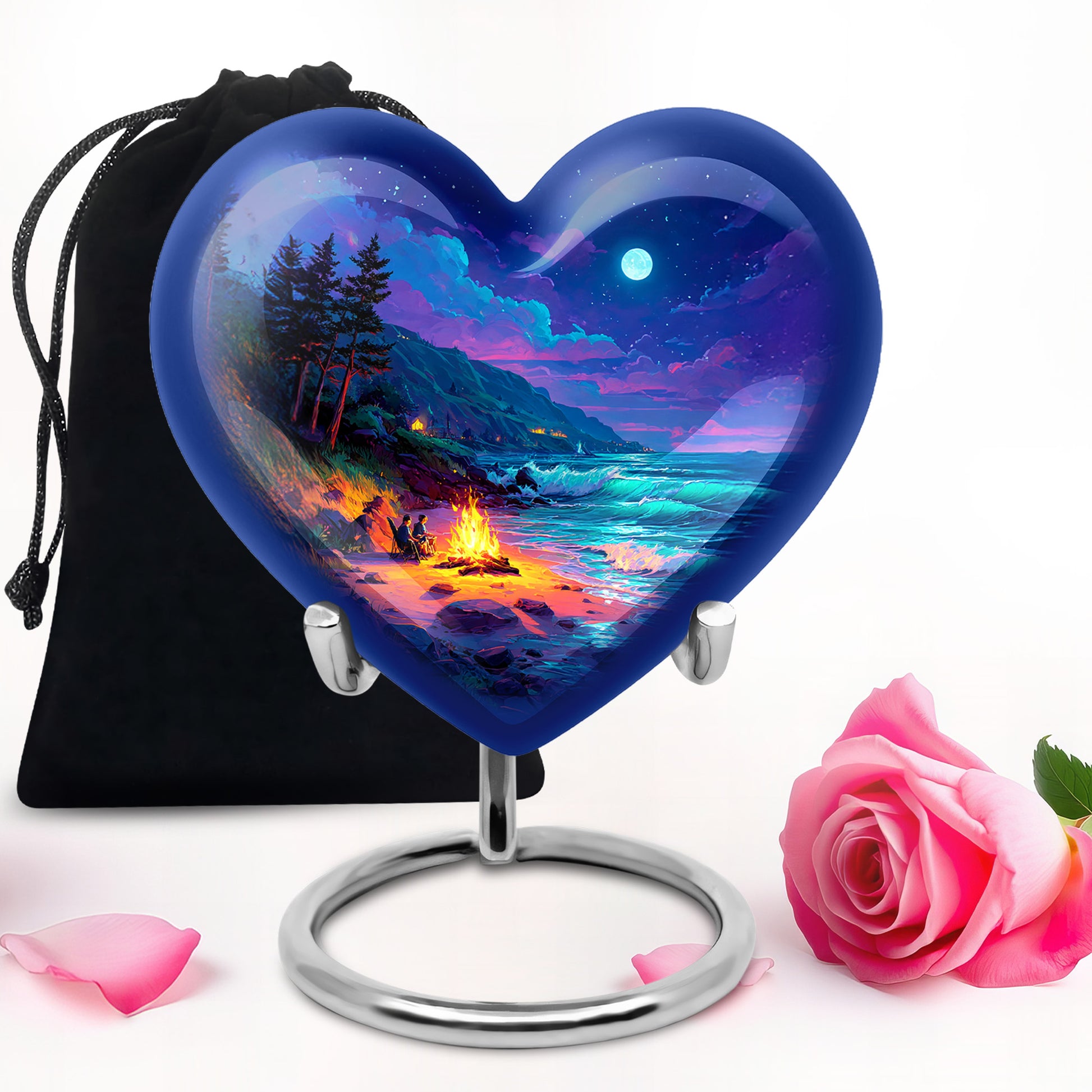 Calming Blue Campfire Cremation Urn detail view - romantic heart urn with campfire motif on aluminum - full-size 10 inch 200 cubic inch adult cremation urn
