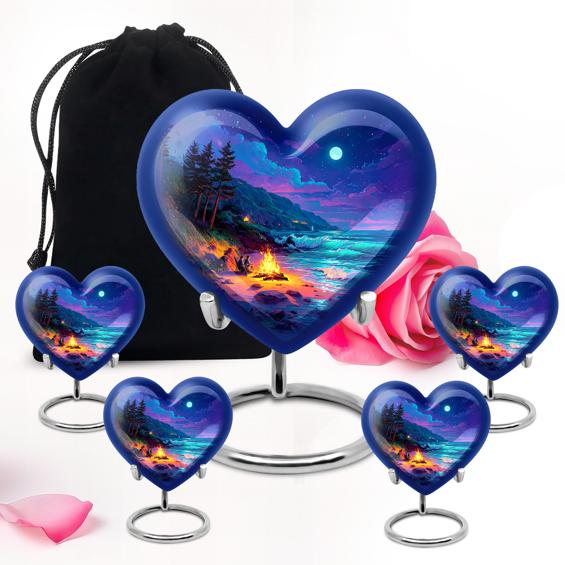 Steel Blue Campfire Cremation Urn close-up of engraving and surface detail - compassionate heart-campfire combination with gentle curves - memorial set with one large and four small urns