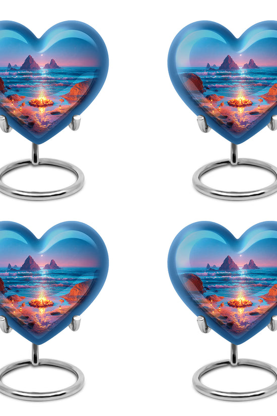 Royal Blue Campfire Cremation Urn angled view of lid and engraved motif - romantic heart urn with campfire motif on aluminum - 10 inch aluminum urn for cremated remains