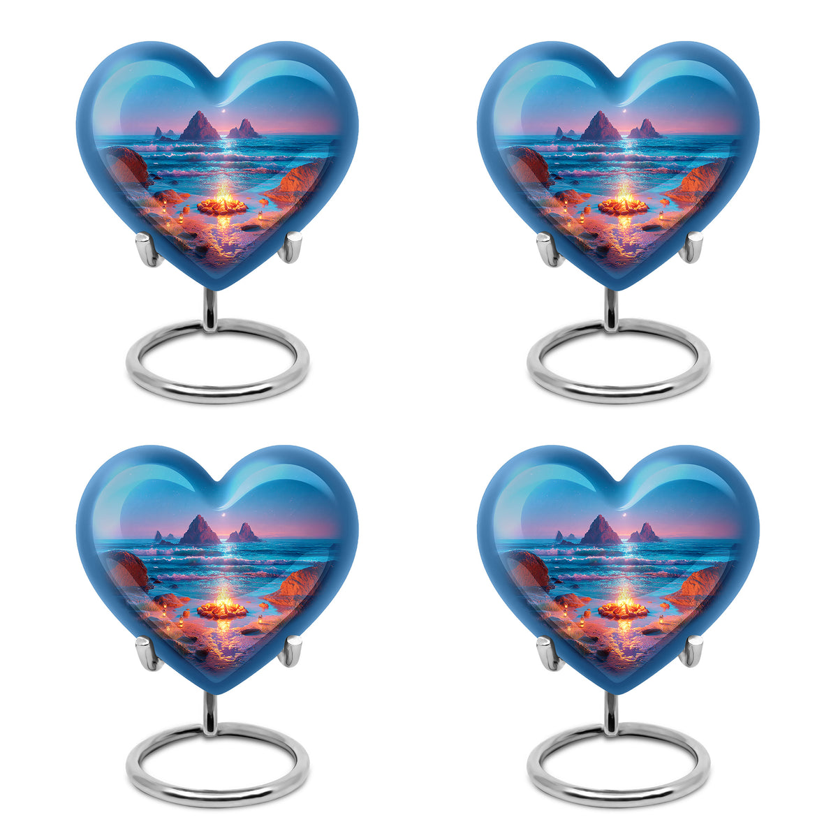 Royal Blue Campfire Cremation Urn angled view of lid and engraved motif - romantic heart urn with campfire motif on aluminum - 10 inch aluminum urn for cremated remains