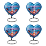 Royal Blue Campfire Cremation Urn angled view of lid and engraved motif - romantic heart urn with campfire motif on aluminum - 10 inch aluminum urn for cremated remains