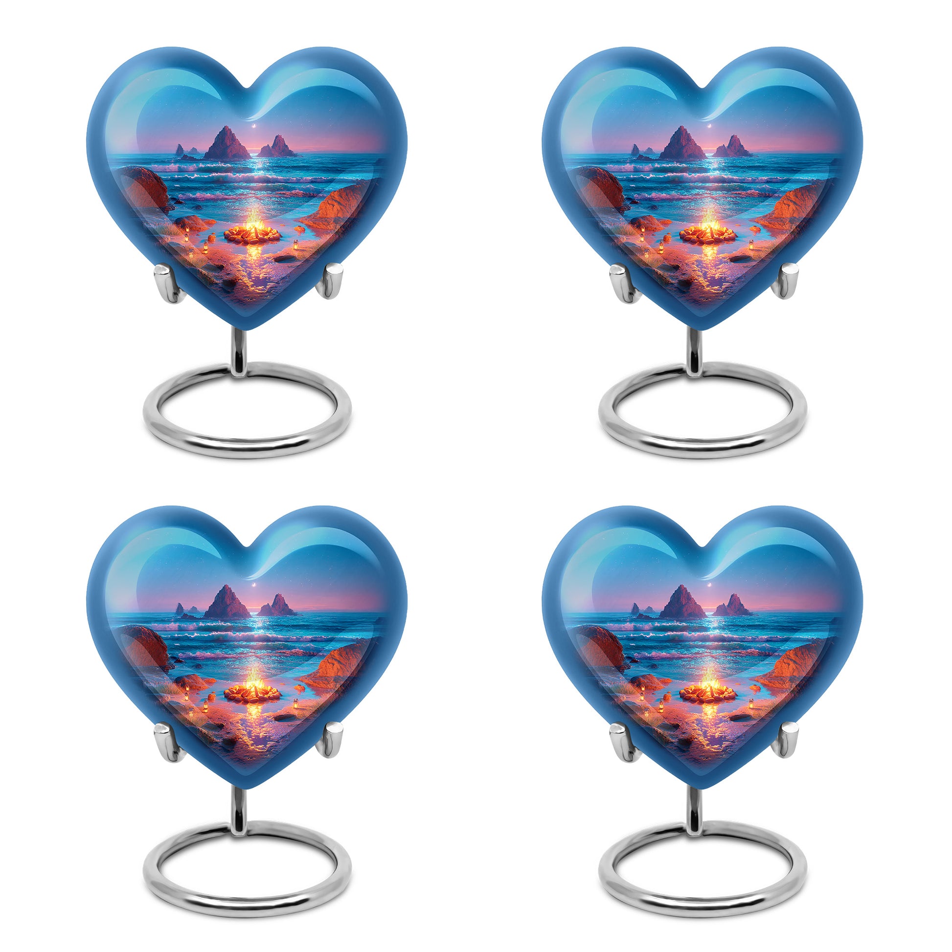 Royal Blue Campfire Cremation Urn angled view of lid and engraved motif - romantic heart urn with campfire motif on aluminum - 10 inch aluminum urn for cremated remains