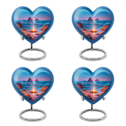 Royal Blue Campfire Cremation Urn angled view of lid and engraved motif - romantic heart urn with campfire motif on aluminum - 10 inch aluminum urn for cremated remains