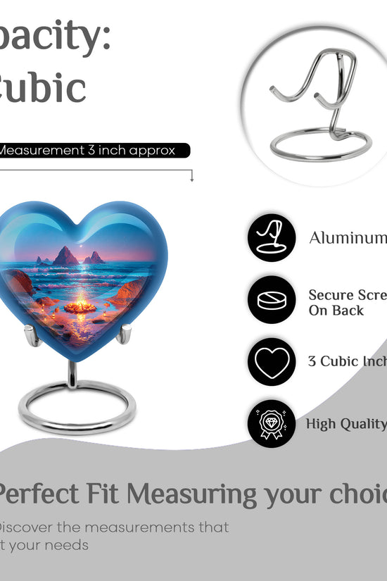 Dusty Blue Campfire Cremation Urn front view showing detailed design - loving heart memorial featuring campfire pattern - mini keepsake memorial for portion of cremation ashes
