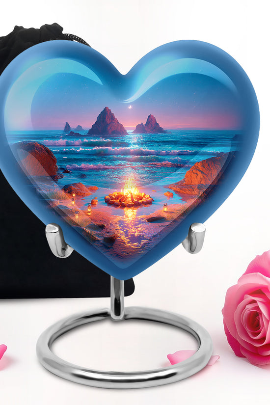 Bright Blue Campfire Cremation Urn detail view - compassionate heart-campfire combination with gentle curves - full-size 10 inch 200 cubic inch adult cremation urn