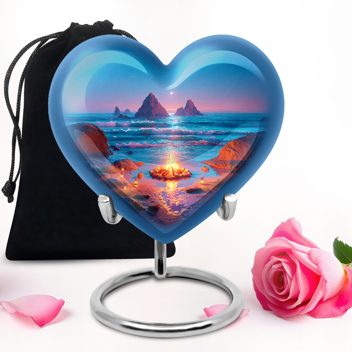 Bright Blue Campfire Cremation Urn detail view - compassionate heart-campfire combination with gentle curves - full-size 10 inch 200 cubic inch adult cremation urn