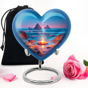 Bright Blue Campfire Cremation Urn detail view - compassionate heart-campfire combination with gentle curves - full-size 10 inch 200 cubic inch adult cremation urn