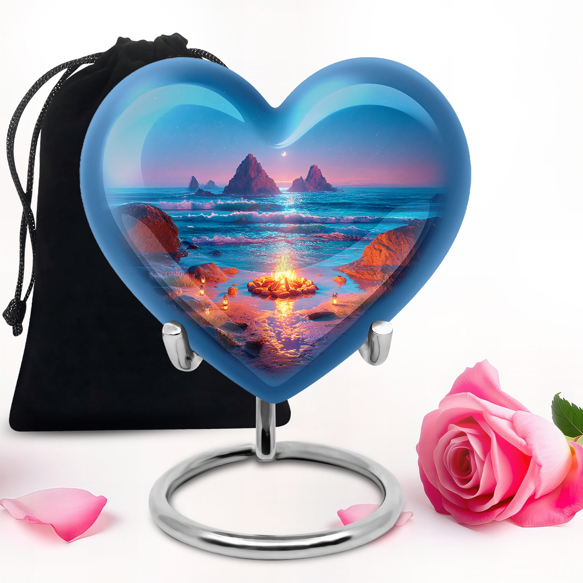 Bright Blue Campfire Cremation Urn detail view - compassionate heart-campfire combination with gentle curves - full-size 10 inch 200 cubic inch adult cremation urn