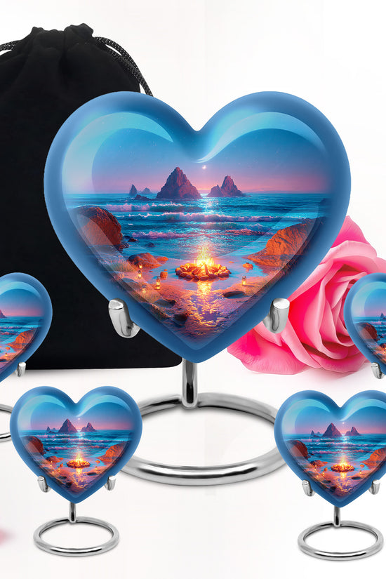 Dusty Blue Campfire Cremation Urn close-up of engraving and surface detail - loving heart memorial featuring campfire pattern - memorial set with one large and four small urns