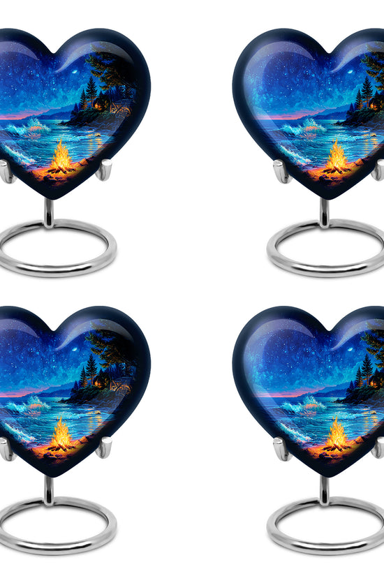Soft Blue Campfire Cremation Urn angled view of lid and engraved motif - romantic heart urn with campfire motif on aluminum - 10 inch aluminum urn for cremated remains