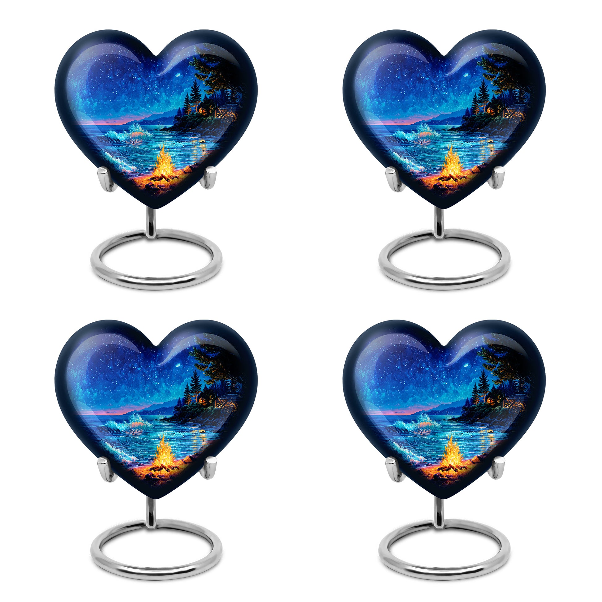 Soft Blue Campfire Cremation Urn angled view of lid and engraved motif - romantic heart urn with campfire motif on aluminum - 10 inch aluminum urn for cremated remains
