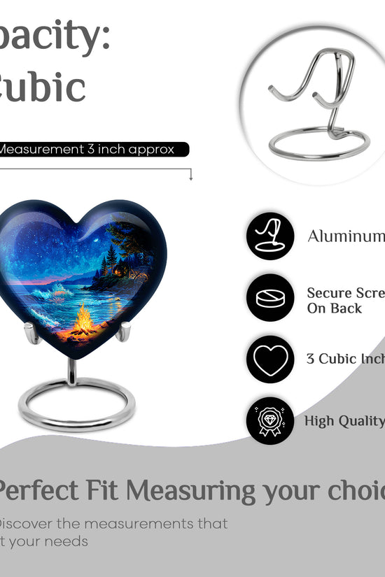 Icy Blue Campfire Cremation Urn front view showing detailed design - heart-shaped campfire design symbolizing eternal love - mini keepsake memorial for portion of cremation ashes