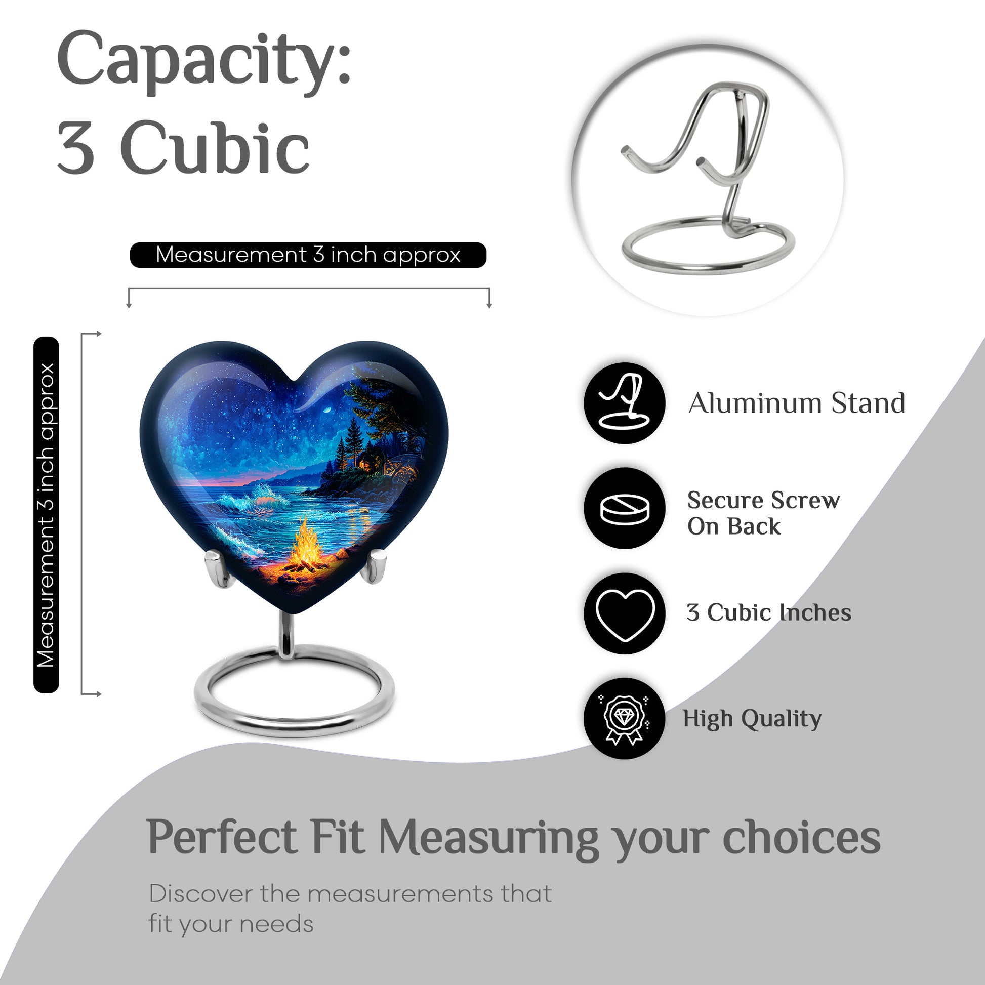 Icy Blue Campfire Cremation Urn front view showing detailed design - heart-shaped campfire design symbolizing eternal love - mini keepsake memorial for portion of cremation ashes