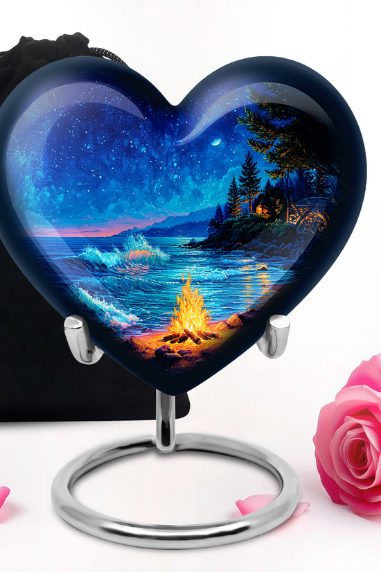 Royal Blue Campfire Cremation Urn detail view - romantic heart urn with campfire motif on aluminum - full-size 10 inch 200 cubic inch adult cremation urn