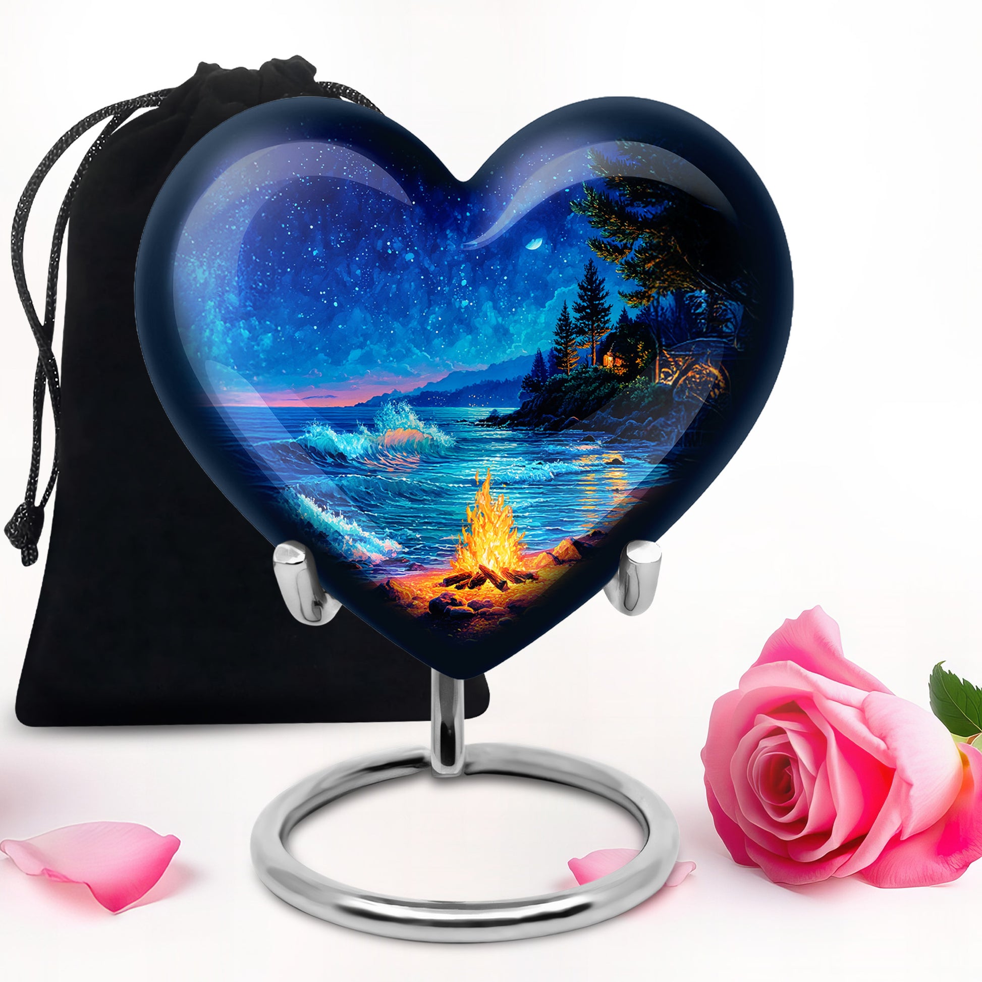 Royal Blue Campfire Cremation Urn detail view - romantic heart urn with campfire motif on aluminum - full-size 10 inch 200 cubic inch adult cremation urn