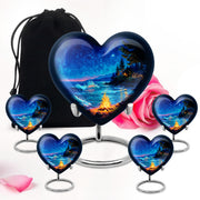 Soft Blue Campfire Cremation Urn close-up of engraving and surface detail - romantic heart urn with campfire motif on aluminum - memorial set with one large and four small urns
