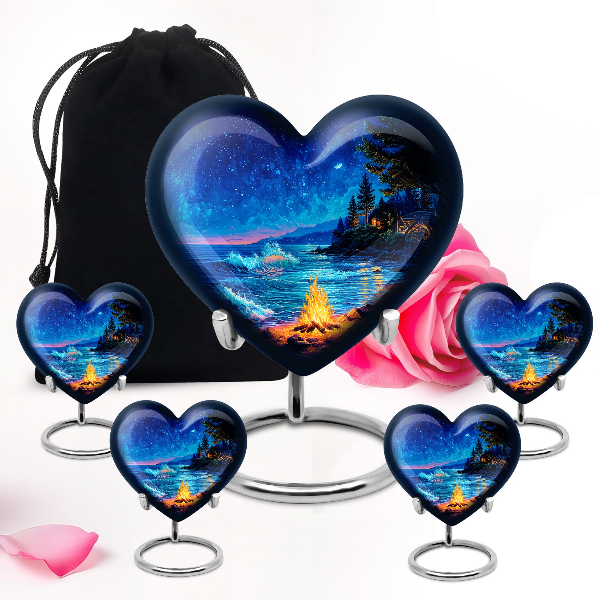 Soft Blue Campfire Cremation Urn close-up of engraving and surface detail - romantic heart urn with campfire motif on aluminum - memorial set with one large and four small urns
