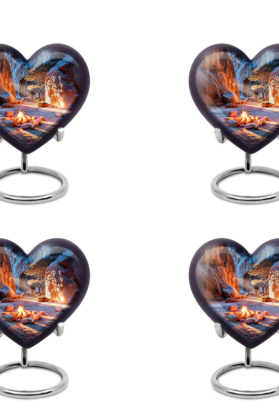 Calming Blue Campfire Cremation Urn angled view of lid and engraved motif - romantic heart urn with campfire motif on aluminum - 10 inch aluminum urn for cremated remains